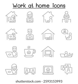 Set of Work at home line icon. contains such icon as, business people, video conference, online meeting, business people, freelance, stay home campaign and more.