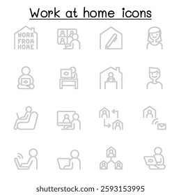 Set of Work at home line icon. contains such icon as, business people, video conference, online meeting, business people, freelance, stay home campaign and more.