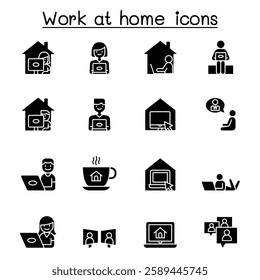 Set of Work at home line icons. contains such Icons as, business people, video conference, online meeting, business people, freelance, stay home campaign and more.