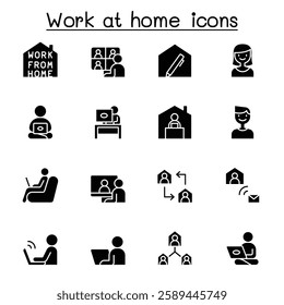 Set of Work at home line icons. contains such Icons as, business people, video conference, online meeting, business people, freelance, stay home campaign and more.