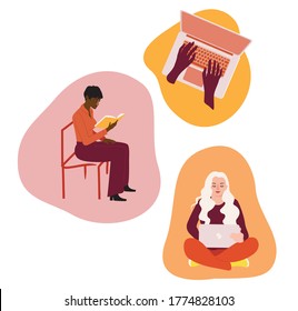 Set of work from home spot illustrations. Sitting, reading, working on a laptop from home. Cartoon vector illustration style in pink, orange, warm colors, resizable.