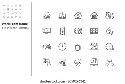 set of work from home thin line icon, video conference,  online meeting, freelance