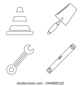 Set of work icon. Traffic cone, trowel, spanner, level tool