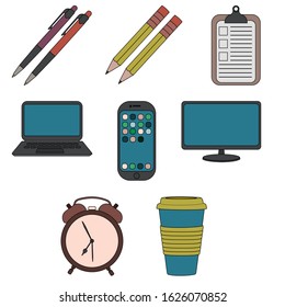 Set of work icons in color includes pens, pencils, clipboard, laptop, phone, watches, cup