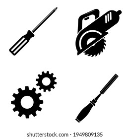 Set of work icons. Crosshead screwdriver, gears, chisel, circular saw