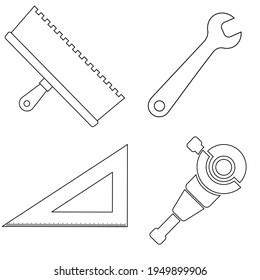 Set of work icons. Putty knife, spanner, ruler tool, electric angle grinder