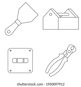 Set of work icons. Putty knife, toolbox, socket plug, pliers