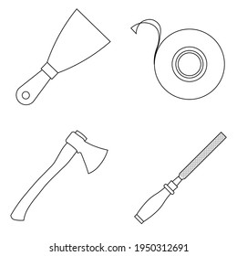 Set of work icons. Putty knife, file tool, ax, insulating tape