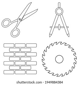 Set of work icons. Scissors, compass, brick wall, circular saw