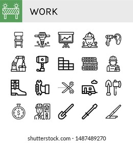 Set of work icons such as Barrier, Chair, Jackhammer, Staff, Mechanic, Otoscope, Robotic arm, Hammer, Brick wall, Tires, Repairman, Boots, Worker, Scissors, Trailer, Tools , work