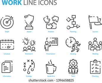 set of work icons, such as meeting, team, presentation, planning, strategy