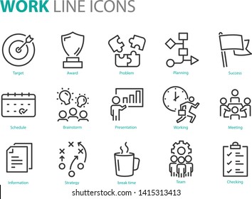 set of work icons, such as meeting, team, presentation, planning, strategy