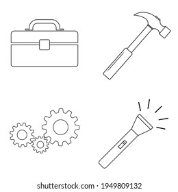 Set of work icons. Tool box, gears, hammer, flashlight