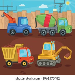 A set of work machine vector illustrations. Crane, concrete mixer truck, digger, dump truck.