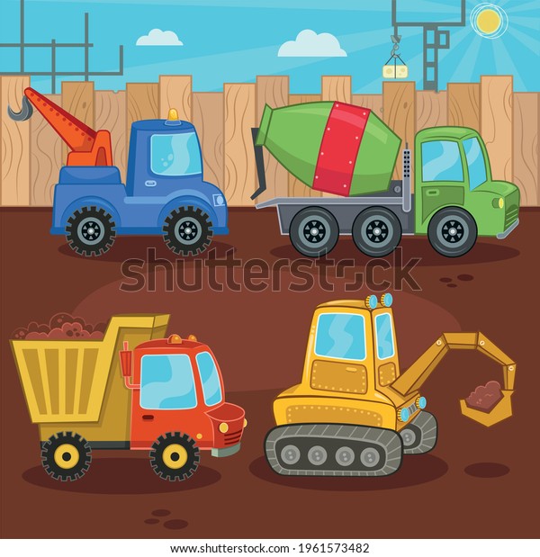 A set of work machine vector\
illustrations. Crane, concrete mixer truck, digger, dump\
truck.