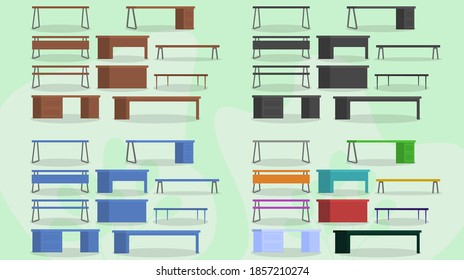 A set of work and office tables in different colors.