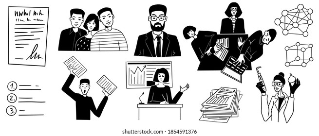Set work on student research project teamwork doodle style. Vector illustration