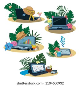 set work on vacation on a white background