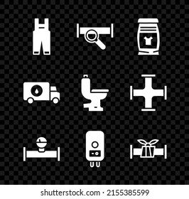 Set Work overalls, Industry metallic pipe, Laundry detergent, and manometer, Electric boiler, Plumber service car and Toilet bowl icon. Vector
