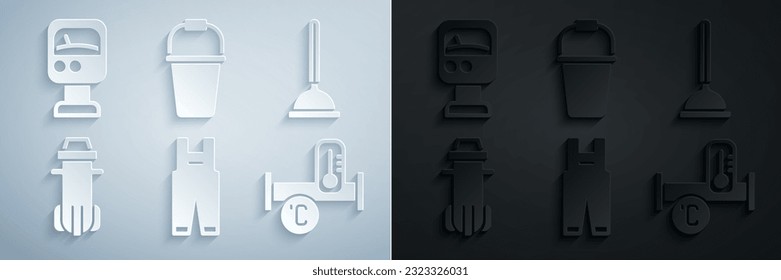 Set Work overalls, Rubber plunger, Water filter, Industry metallic pipe, Bucket and Pressure water meter icon. Vector