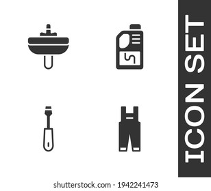 Set Work overalls, Washbasin, Screwdriver and Drain cleaner bottle icon. Vector