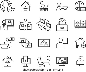 Set of work place related icons, working, remote work, video conference, coworkin, freelancer, home office and linear variety vectors.