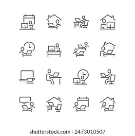 Set of work place related icons, working, remote work, video conference, coworkin, freelancer, home office and linear variety vectors.	
