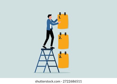 Establecer prioridades de trabajo, hacer una lista de tareas que se deben hacer antes y después, el concepto de gestión de tareas, los empresarios gestionan las prioridades utilizando notas adhesivas con los números primero, segundo y tercero.