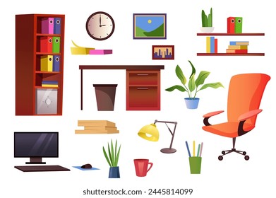 Set of work room in flat cartoon design. Simple and functional furniture that is necessary for arranging a comfortable working space. Vector illustration.