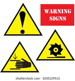 Set of work safety signs. Collection of warning signs. Vector illustration. Signs of danger. Signs of alerts.