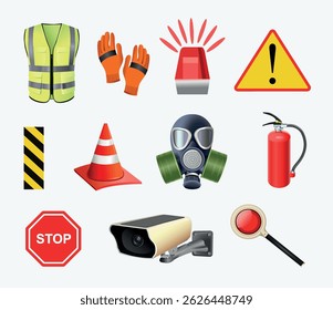 Conjunto de signos de seguridad en el trabajo y artículos sobre fondo blanco. Ilustración vectorial