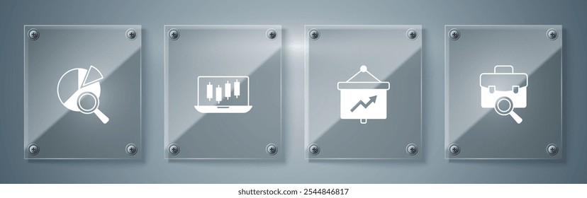 Búsqueda de trabajo, Tablero con gráfico, gráficos de crecimiento del mercado de valores y análisis de datos de Búsqueda. Paneles de vidrio cuadrados. Vector
