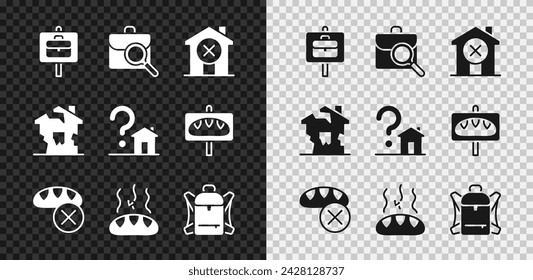 Set Work search, No house, Donation food, Hiking backpack, Ruined and House with question mark icon. Vector