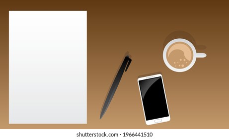 set work table illustration background with paper, coffee cup , handphone and pen