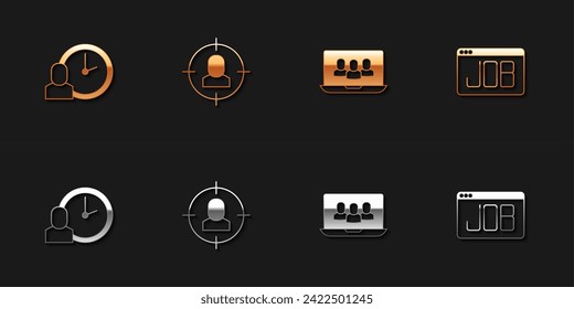 Stellen Sie die Arbeitszeit, die Kopfjagd, die Teambasis des Projektteams und das Symbol Job suchen ein. Vektorgrafik