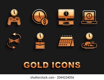 Set Work time, Laptop, Food, Calendar, Old hourglass with sand, Smart Tv, Gamepad of and Time is money icon. Vector