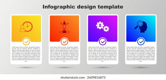 Set Work time, Productive human, Human with gear and Magnifying glass for search job. Business infographic template. Vector