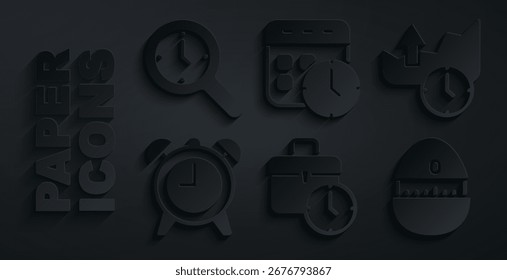 Set Work time, Stocks market growth graphs, Alarm clock, Kitchen timer, Calendar and and Magnifying glass with icon. Vector