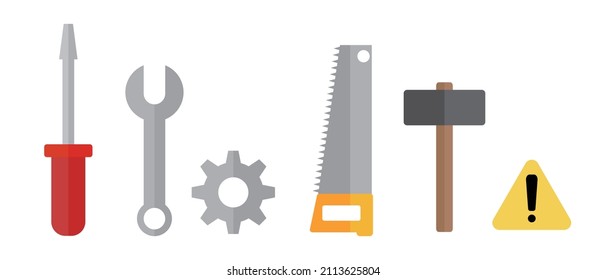 A set of work tool icons. Tool such as screwdriver, wrench, and sawhorse. Vector.