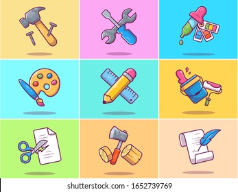 A set of Work Tool Vector Icon Illustration. Collections of Industrial Tools Icon Concept Isolated. Flat Cartoon Style Suitable for Web Landing Page, Banner, Flyer, Sticker, Card