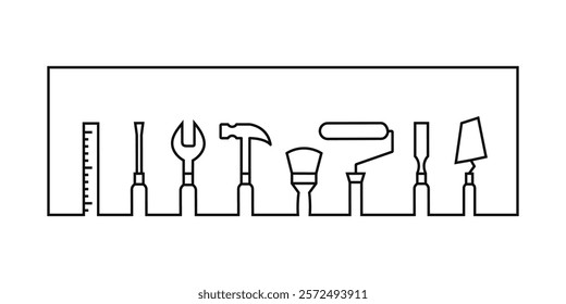 Set of work tools as building, repair, renovation, maintenance, facility management concept. Tool icons, wrench, hammer, paintbrush, paint roller and other construction instrument symbol in line art.