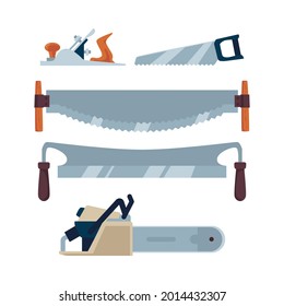 Set of work tools one-handed, two-handed and electric chainsaws lumberjack. Woodworking carpentry equipment. Flat cartoon vector illustrations isolated on white