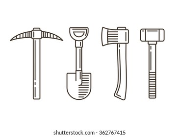 Set of work tools: pickaxe, shovel, axe and sledge hammer. Retro style line icons. Vector elements for emblem and logotype design.