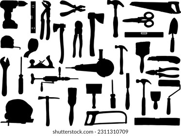 Set of Work Tools Silhouette, Hammer, Wrench, Saw, Screwdriver