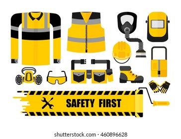 Set of work wear and safety equipment. Uniform, protective clothes, tools for worker, builder on industrial plant. Cartoon flat vector illustration. Objects isolated on a white background.