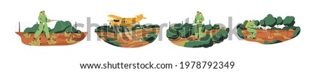 Set of worker and airplane spraying toxic pesticides and insecticides on farm. Pest control and chemical treatment of plants concept. Colored flat vector illustration isolated on white background
