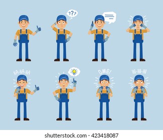 Set of worker characters posing in different situations. Cheerful auto mechanic talking on phone, thinking, laughing, crying, pointing up, surprised. Flat style vector illustration