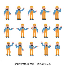 Set of worker characters showing various hand gestures. Worker with hard hat pointing, showing thumb up, victory sign and other gestures. Flat design vector illustration