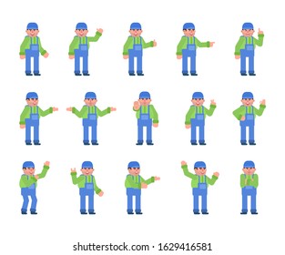 Set of worker characters showing various hand gestures. Builder or mechanic in blue overalls pointing, showing thumb up, victory sign and other gestures. Flat design vector illustration