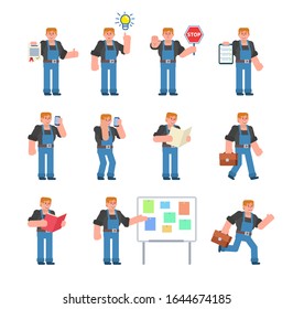 Set of worker characters showing various poses. Mechanic or builder holding stop sign, walking, talking on phone and showing other actions. Flat design vector illustration